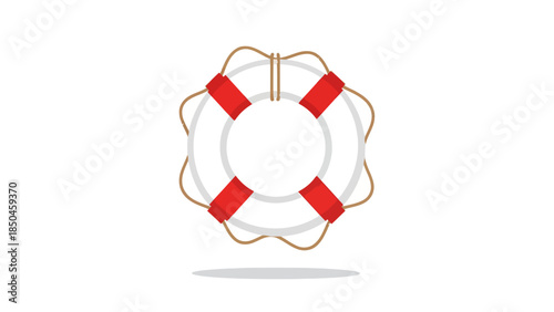 White and red lifebuoy with rope detail and shadow isolated on white