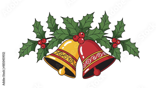 Christmas jingle bells with holly leaves and red berries isolated on white background festive season decoration