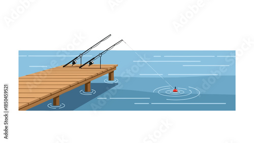 Wooden dock with two fishing rods casting lines toward a red bobber in blue water