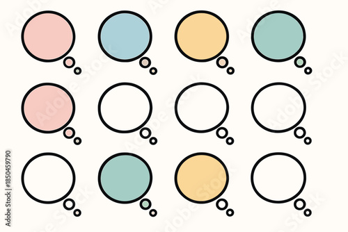 Colorful thought bubbles arranged in a grid pattern for creative ideas.