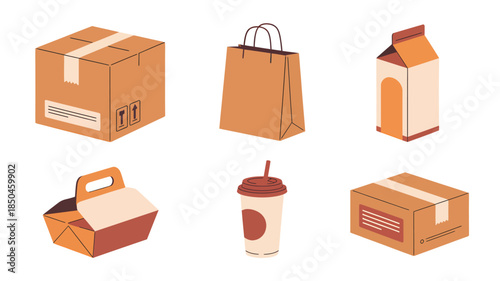 Isometric Delivery and Packaging Items in a Clean Modern Style with Neutral Brown and White Colors as a Textured Vector Illustration for E-commerce and Logistics.