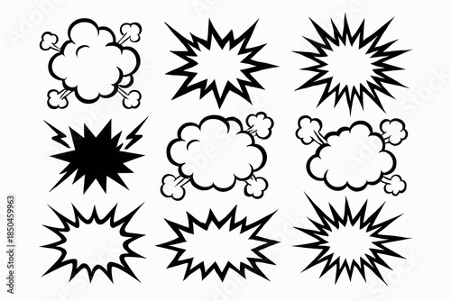 Comic book explosion illustrations in black and white style for design.