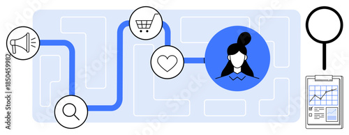 Marketing strategy, e-commerce, customer journey, data analysis, consumer behavior, online shopping. Diagram with icons thumbs up a megaphone, shopping cart heart and a person avatar. Marketing