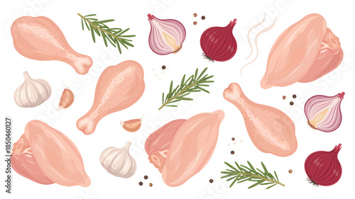 Raw Chicken Pieces and Fresh Culinary Ingredients in Flat Lay Vector Illustration on White Background for Recipe Design.
