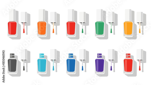 Twelve assorted colored nail polish bottles with brushes displayed in two rows