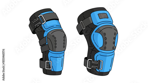 Two illustrations of blue and black protective knee pads on a white background