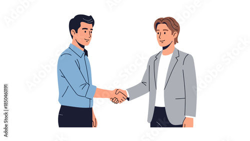 Two men in business attire shaking hands against a white background