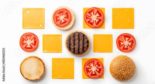 Deconstructed cheeseburger ingredients flat lay on white background including bun, patty, cheese, and tomato slices.