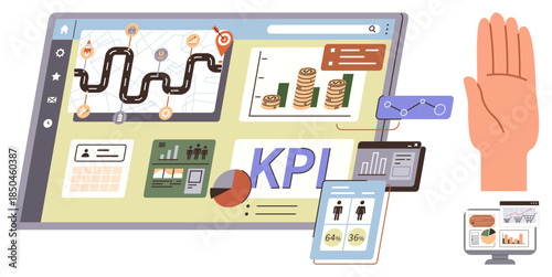 Tablet displaying charts, graphs, KPIs, and financial data analysis. Ideal for business planning, data tracking, strategy execution, financial reporting, digital marketing productivity growth