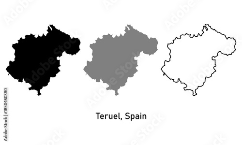 Map of Teruel, a province in Spain. Map with various styles of outlines, black and gray.