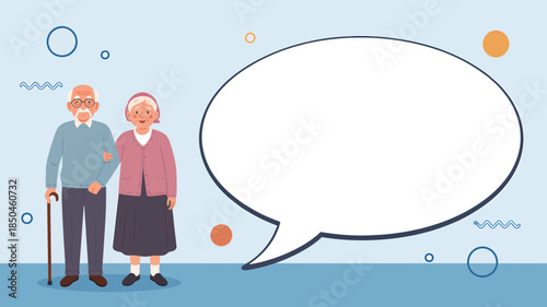 Elderly couple with caring and thoughtful mood on a soft blue background in a flat vector illustration with a large speech bubble for elder care communication.