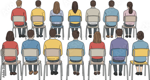 Flat vector illustration of a diverse group of people seen from behind sitting on chairs in rows for a seminar or classroom.