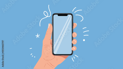 Hand holding modern smartphone with bright screen on blue background in flat vector illustration for mobile app display.