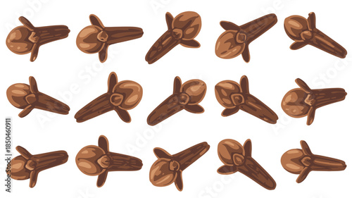 Dried Clove Spices in a Natural Aromatic Style with Warm Brown Color and Bright Studio Lighting in a Scattered Pattern for Culinary Background.
