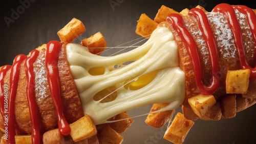 Korean street food corn dog with fried potatoes and ketchup, pulled apart to show stretchy melted mozzarella cheese