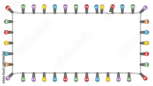 Multicolor Christmas String Lights in a Festive Rectangular Border with Bright Illumination on a White Background for Holiday Decoration.