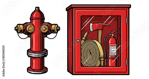 hydrant pipe and fire extinguisher equipment box, isolated on white background.