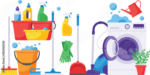 Large collection of household cleaning equipment vector illustrations including washing machine, vacuum cleaner, mops, buckets, detergent bottles, and laundry supplies for housework.