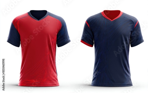 Two red and blue v neck t shirts with contrasting sleeves and trim on a.