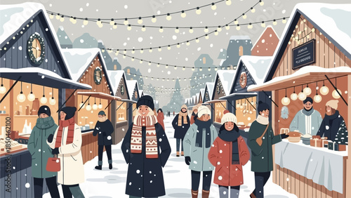 A vibrant winter market scene with people browsing stalls under falling snow and festive lights.