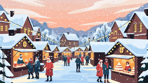 A festive winter Christmas market scene with people, snow-covered stalls, and houses under a twilight sky.