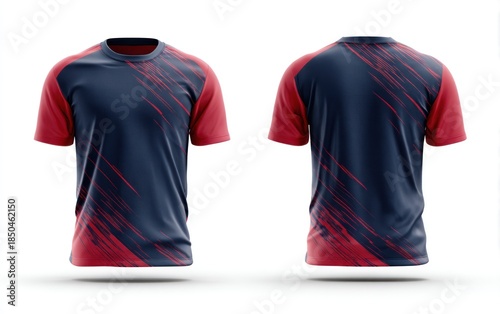Navy blue and red t shirt with diagonal stripes on front and back.