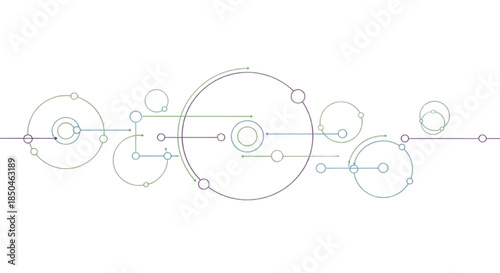 Abstract futuristic network of interconnected circles and arrows against a white background
