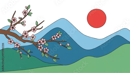 A serene landscape illustration featuring mountains, blossoms, and a red sun in a peaceful environment