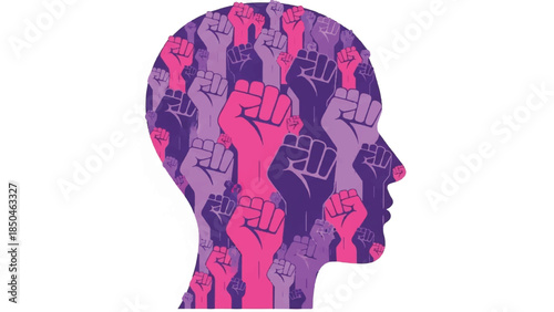 Illustration of a person's profile with fists symbolizing empowerment and solidarity in a vibrant display