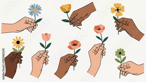 Diverse hands holding flowers together in a symbol of unity and harmony from a top-down viewpoint