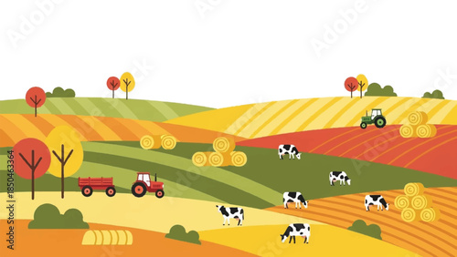 Cows grazing in a vibrant agricultural landscape with tractors and trees from an aerial viewpoint
