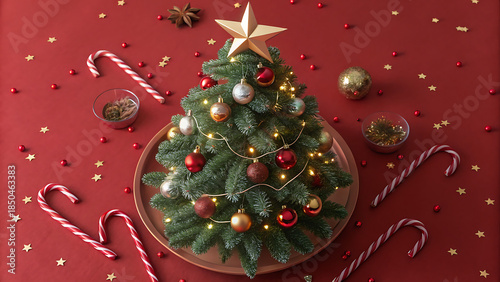 Christmas Tree Cake with Festive Decorations and Holiday Sweets