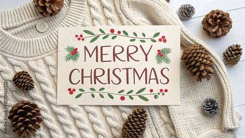Top view of greeting card with merry christmas lettering near pine cones on knitted sweater