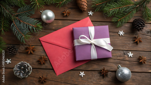 Top view of mini gift box with envelope near pine branches, baubles and anise stars on brown wooden background A beautifully wrapped lavender gift box with a white ribbon sits on rustic wooden planks