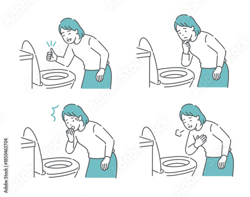 トイレで便の状態を確認する女性のイラストセット（OK・困る・驚く・安心）