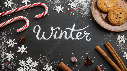 Winter Flat Lay with Candy Cane Cookies and Snowflakes on Dark Background