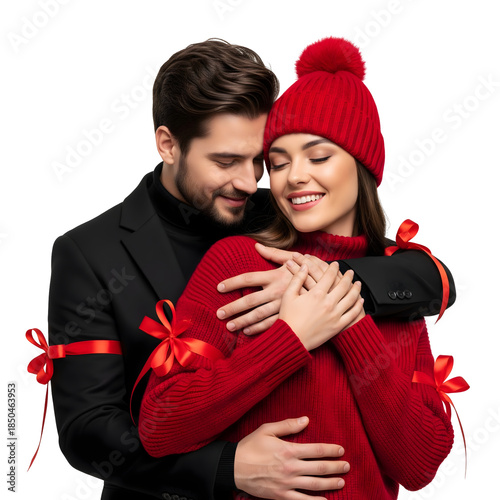 A romantic couple, embracing with a warm and loving connection, with red ribbons as if they're gifts. The man is wearing a black suit and the woman is wearing red winter clothes.