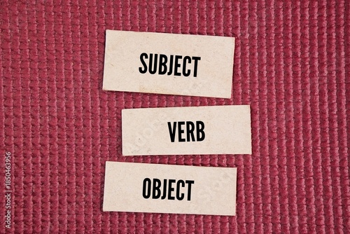 Paper with the words Subject Verb Object. second verb, and third object. Language can be classified according to the dominant order of these elements in an unmarked sentence