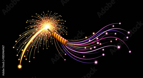 Dynamic illustration of a firework rocket igniting with a dazzling display of golden sparks and flowing multicolored light trails, symbolizing festive celebrations and joyous events