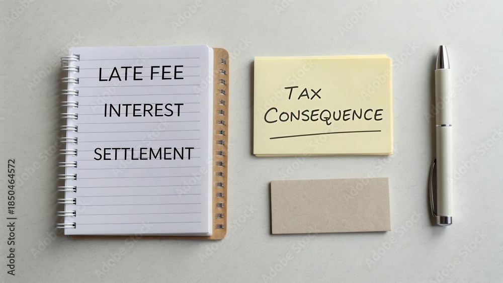 Obraz premium Late Fee Notice and Tax Consequence Reminder on Desk in Business Office Setting with Notepad and Pen