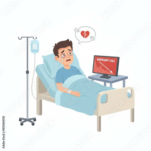 A young man suffering from Bitcoin margin call, cryptocurrency decline chart on laptop, frustration of losing money in Bitcoin investment, failure, and the concept of margin call in cryptocurrency