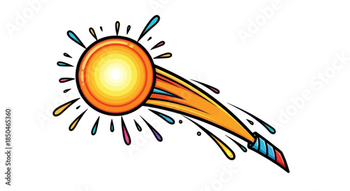 Vibrant burst of festive energy and colorful joy, depicted as a dynamic launch with a bright glowing orb streaking across, leaving a trail of cheerful splashes