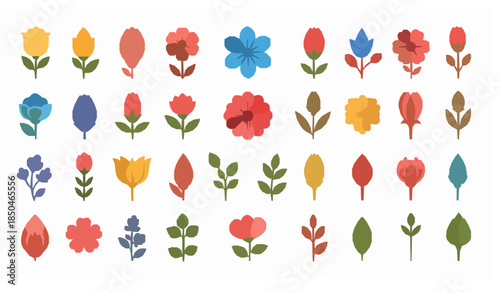 Modern colorful botanical flower elements vector collection in clean flat style for branding web and infographic design