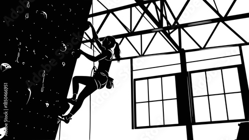 Monochrome illustration of a woman rock climbing indoors on a textured wall, symbolizing challenge and determination: Design for fitness magazine layout, gym poster. Transparent SVG version.