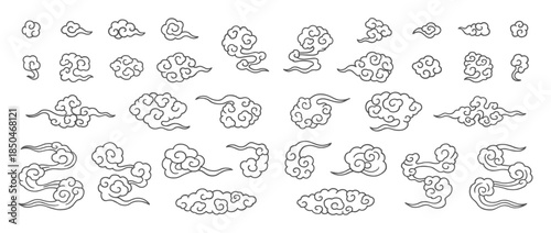 和風の雲の線画イラストベクターセット｜Japanese Cloud Line Art Set