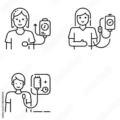 Line art illustrations of three medical scenarios with smiling individuals. Each person is connected
