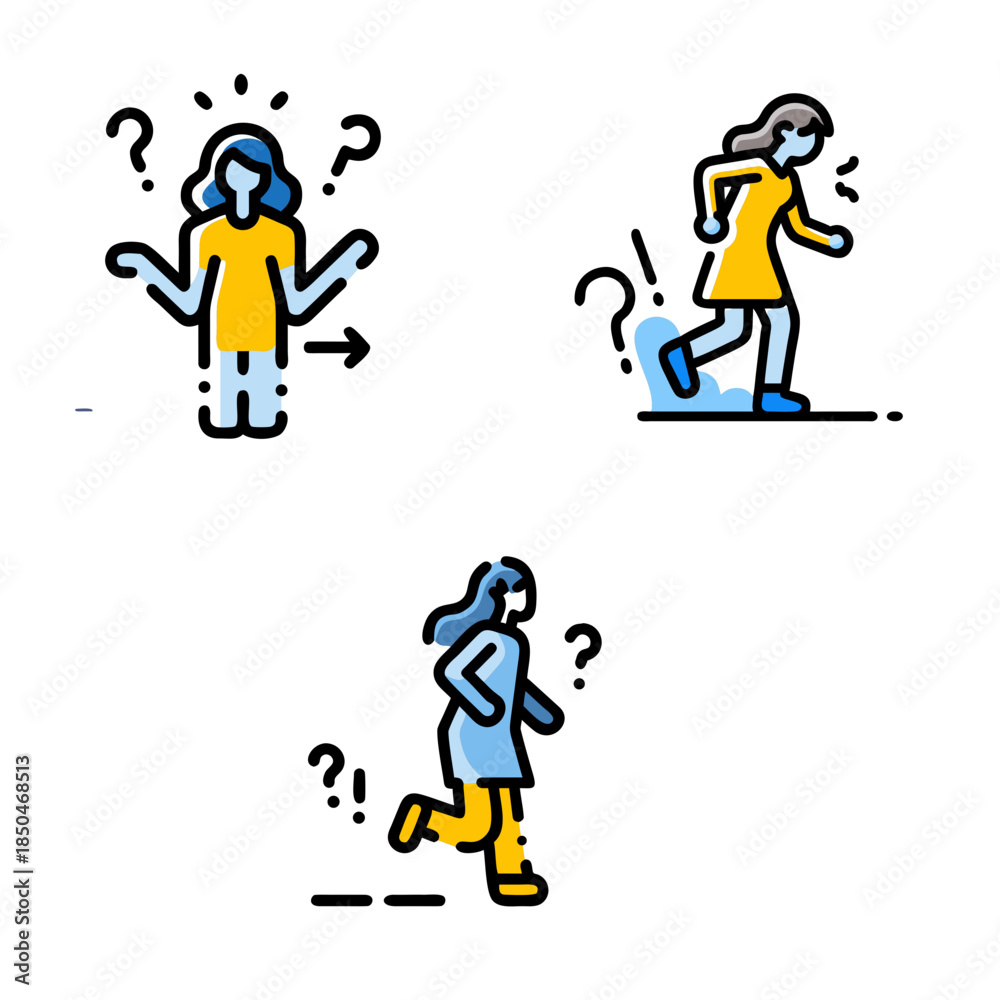 Fototapeta premium Three cartoon-style illustrations depict female figures involved in different actions, all with
