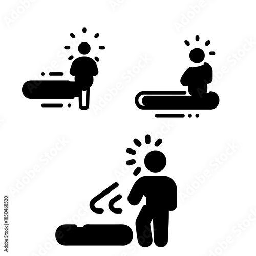 Three black silhouette icons on a white background depict figures with radiating lines around