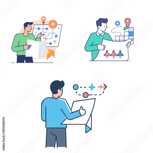Three cartoon-style illustrations of men with short hair holding diagrams or charts. Each is engaging 
