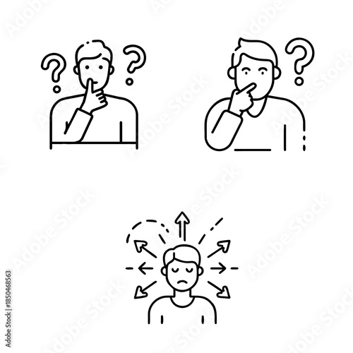 Simple line drawings featuring three individuals expressing confusion. Two of them have raised